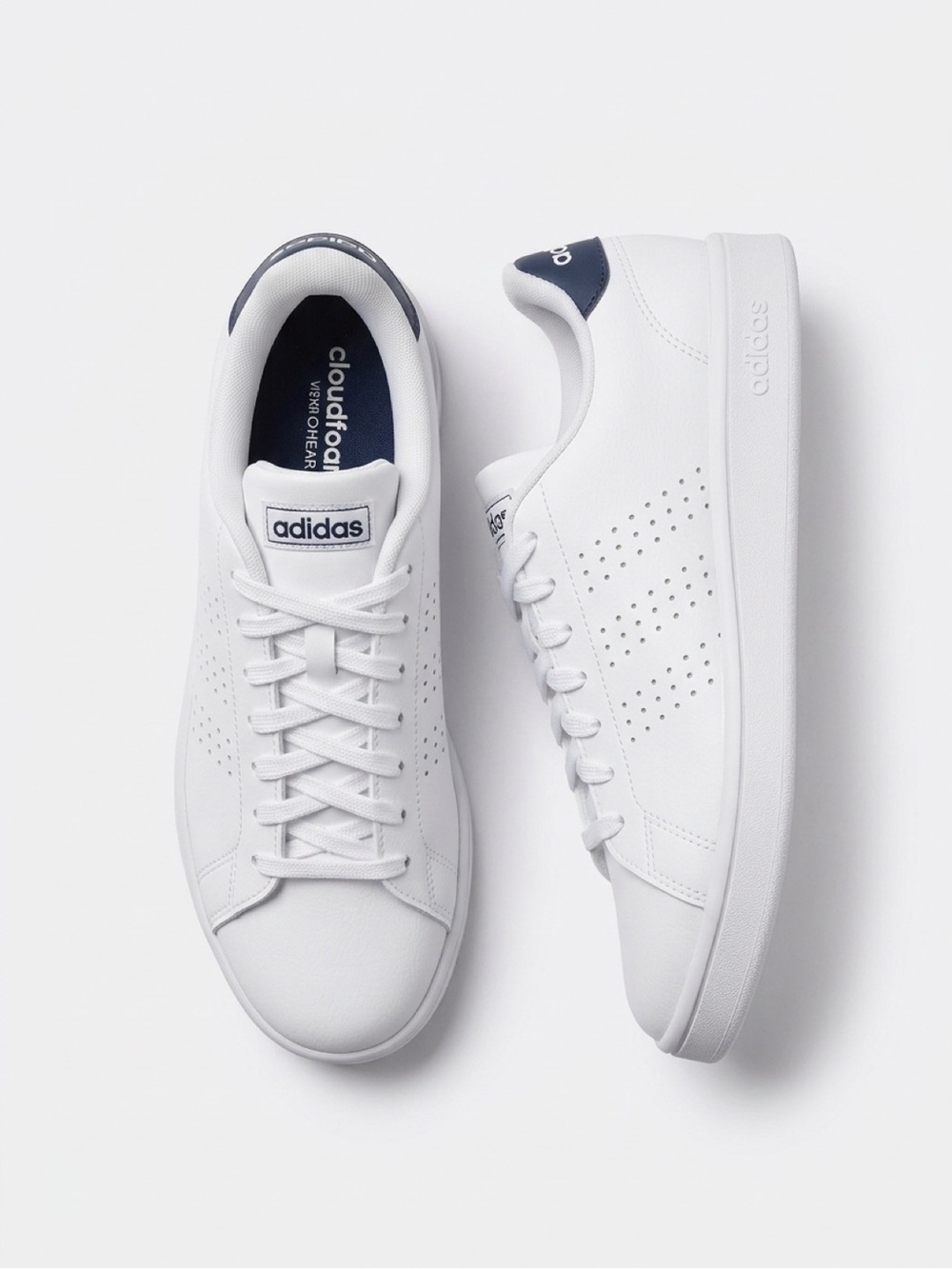 adidas Cloudfoam White Casual Sneaker with Navy Heel /Womens 8/Mens 7